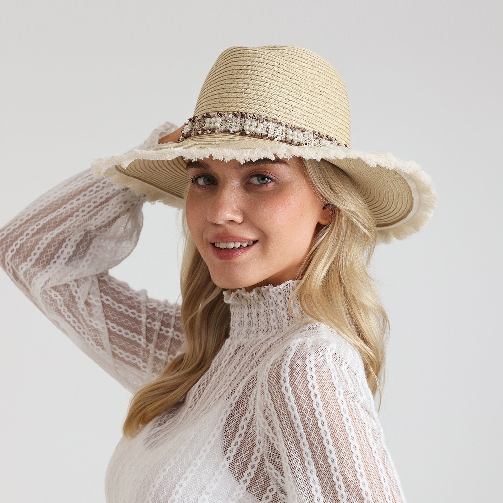 US Stock Wholesale Women's Paper Straw Fedora Hat with  Flat Brim and UPF 50+ Sun Protection