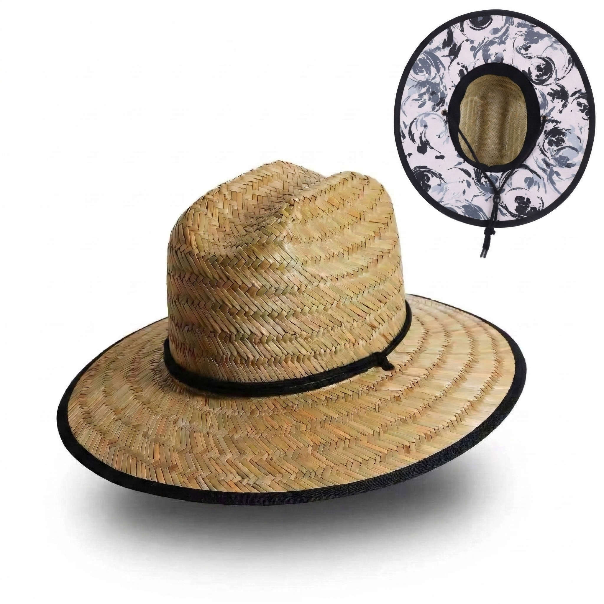 US Stock Wholesale Men's Seagrass Lifeguard Straw Hats with Wide Brim and Sun & Wind Proof