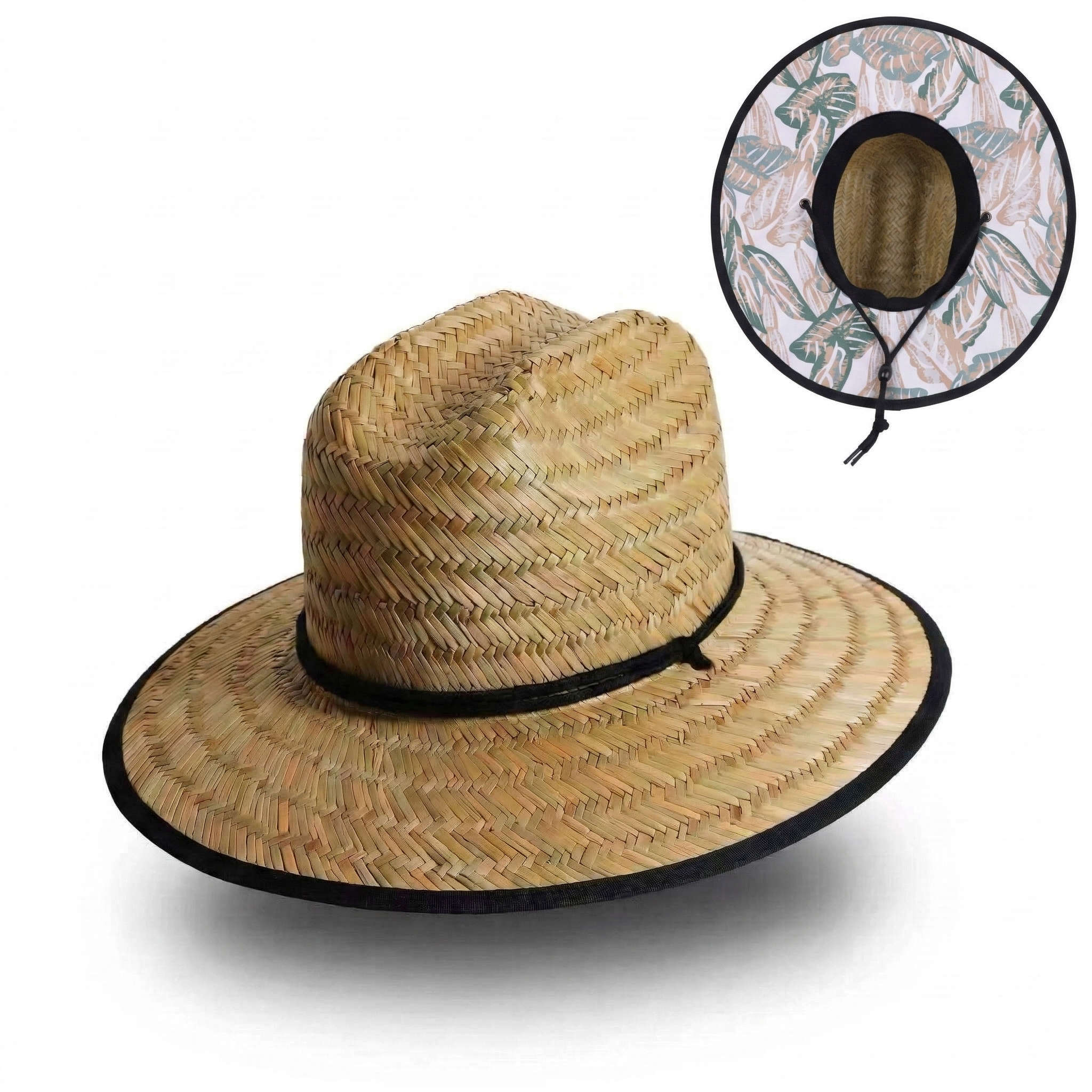 US Stock Wholesale Men's Seagrass Lifeguard Straw Hats with Wide Brim and Sun & Wind Proof