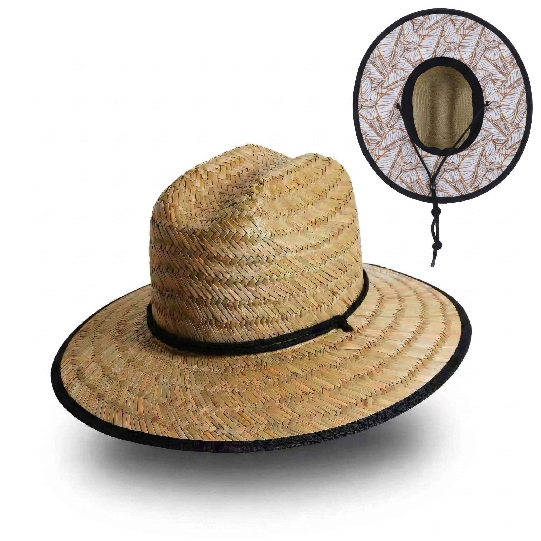 US Stock Wholesale Men's Seagrass Lifeguard Straw Hats with Wide Brim and Sun & Wind Proof