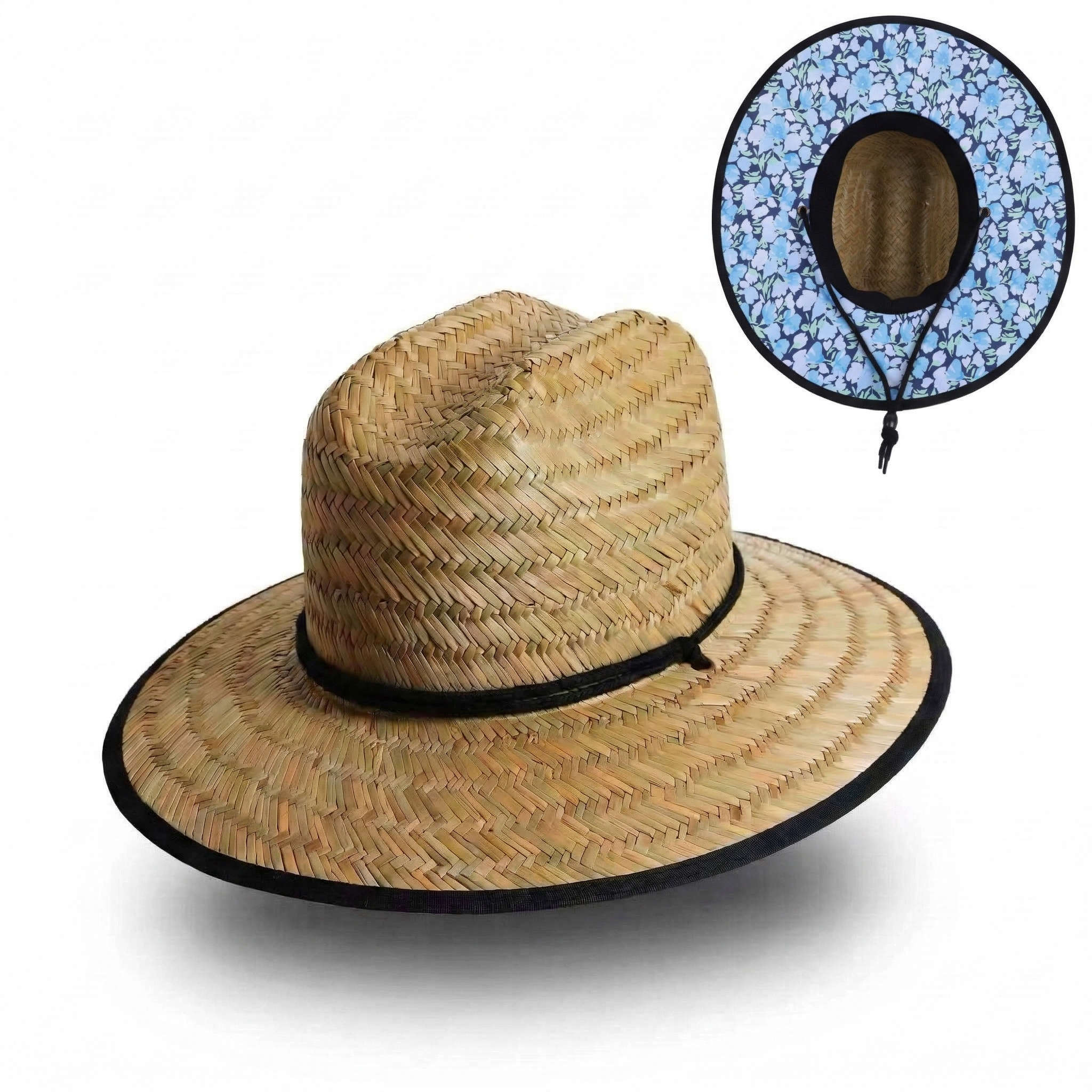 US Stock Wholesale Men's Seagrass Lifeguard Straw Hats with Wide Brim and Sun & Wind Proof
