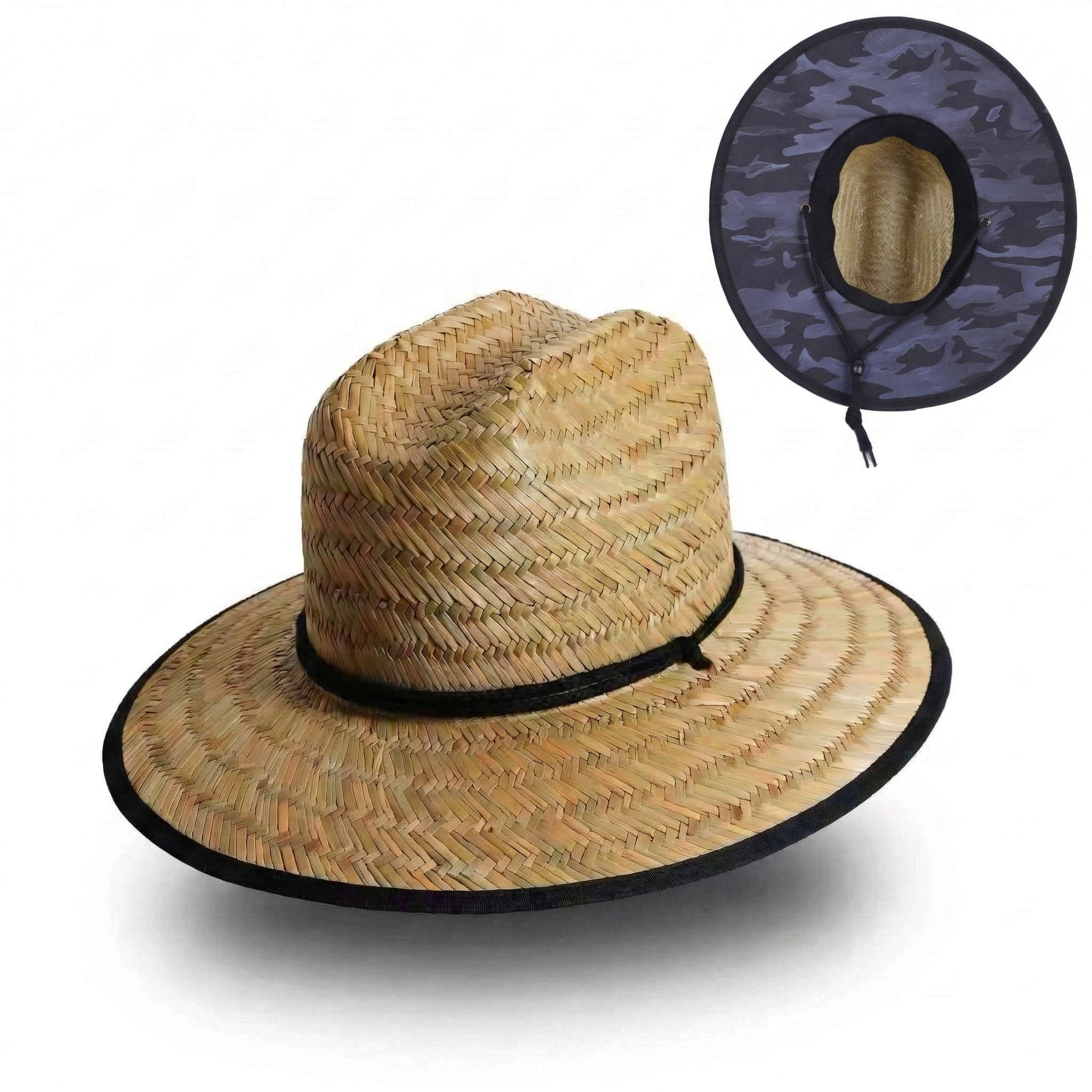 US Stock Wholesale Men's Seagrass Lifeguard Straw Hats with Wide Brim and Sun & Wind Proof