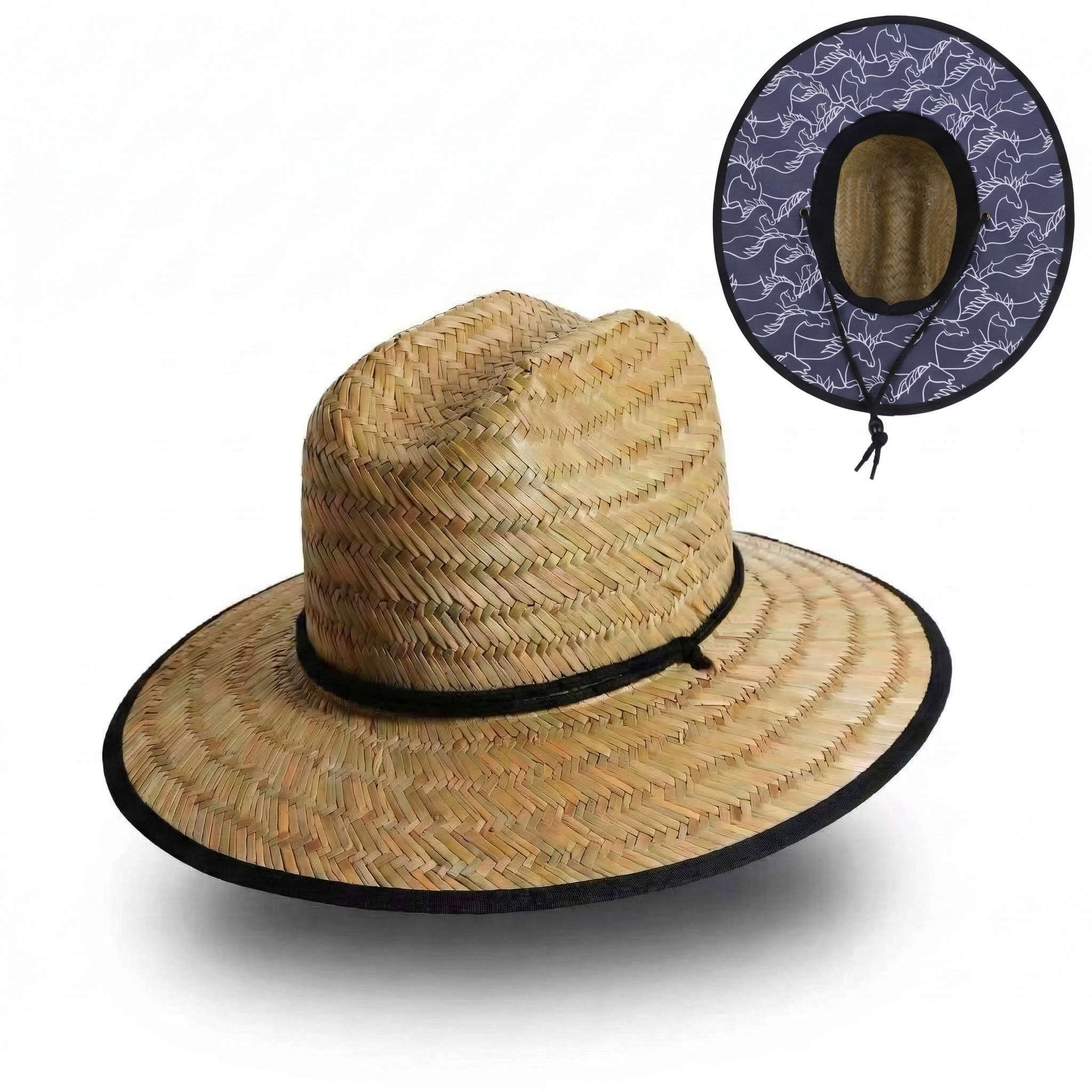 US Stock Wholesale Men's Seagrass Lifeguard Straw Hats with Wide Brim and Sun & Wind Proof