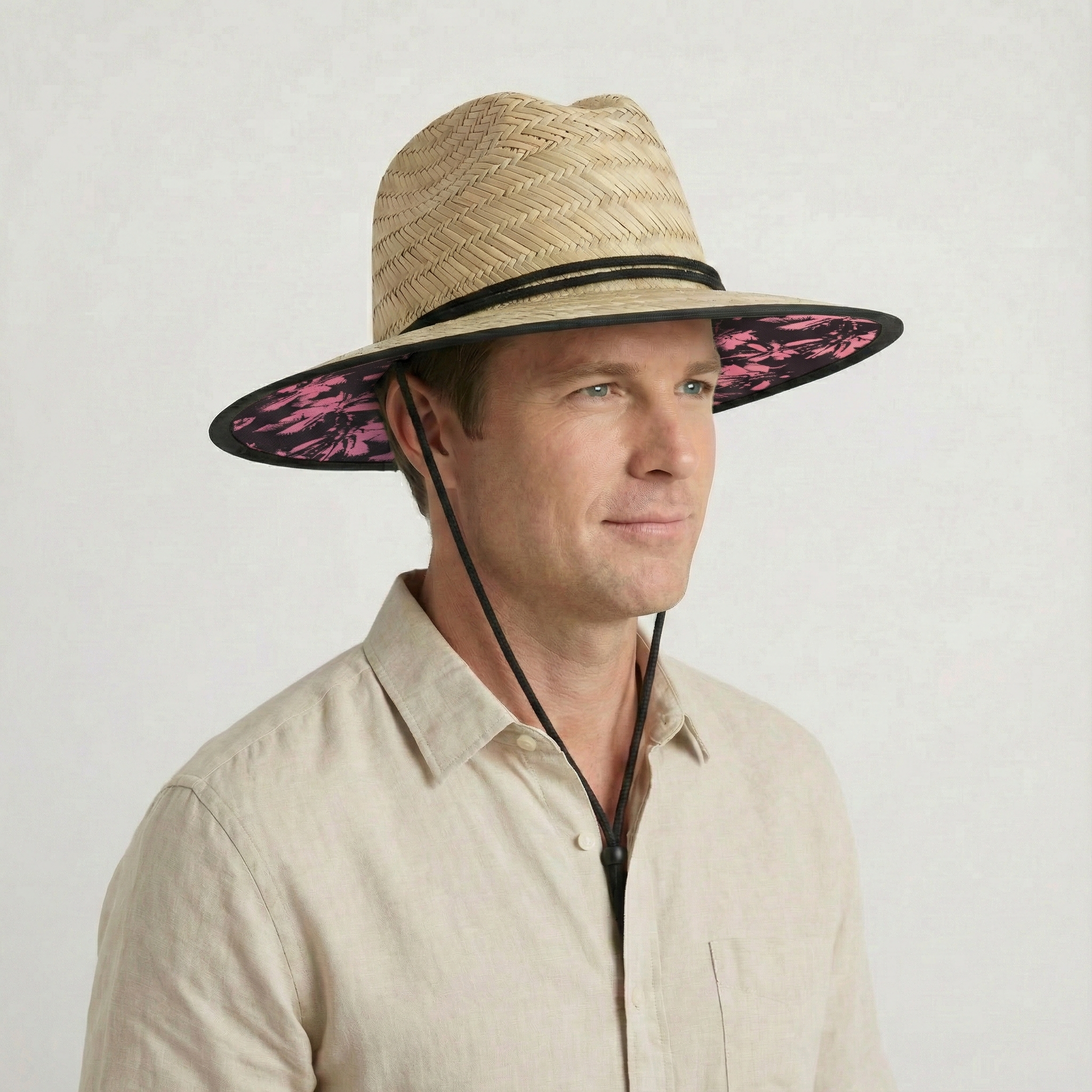 US Stock Wholesale Men's Seagrass Lifeguard Straw Hats with Wide Brim and Sun & Wind Proof