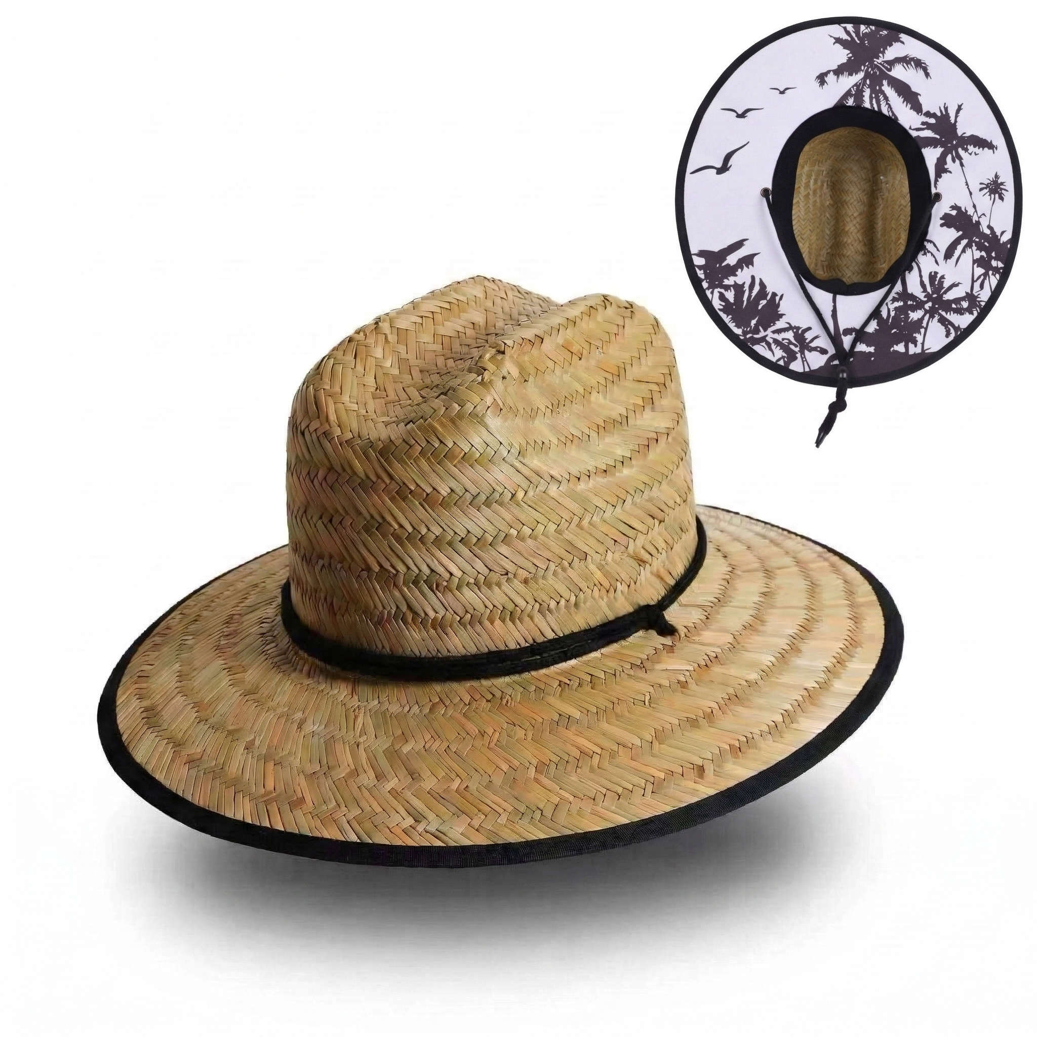 US Stock Wholesale Men's Seagrass Lifeguard Straw Hats with Wide Brim and Sun & Wind Proof