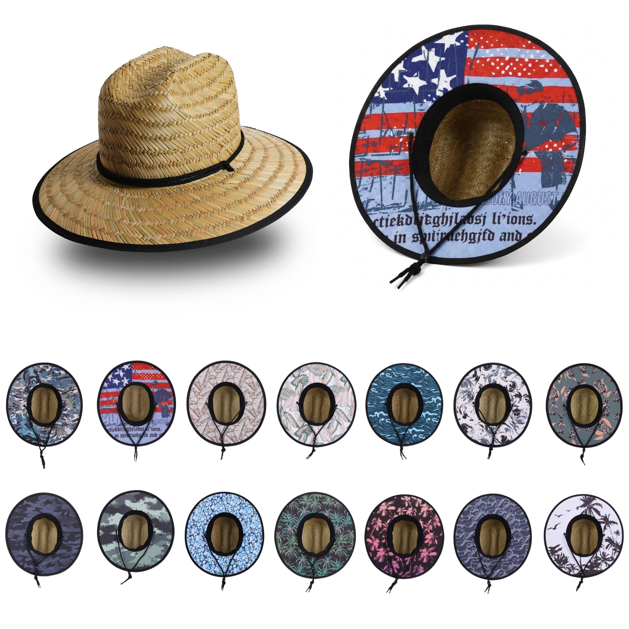 US Stock Wholesale Men's Seagrass Lifeguard Straw Hats with Wide Brim and Sun & Wind Proof